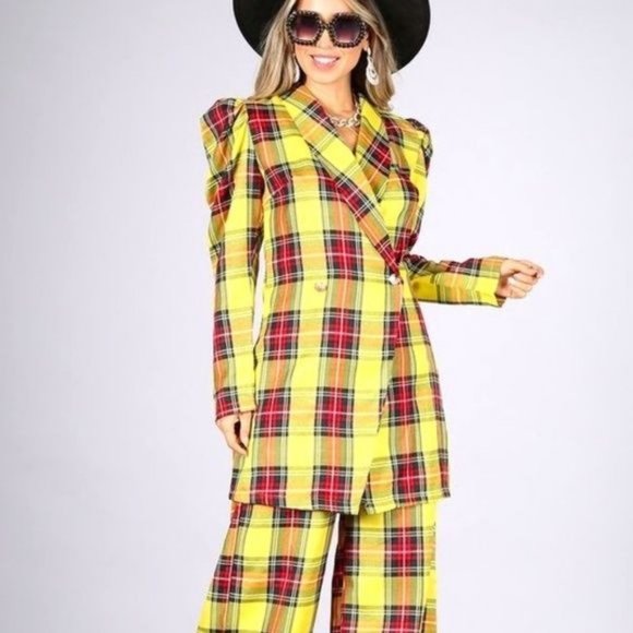 Callie Berry: Sunshine Yellow Puff Sleeve Plaid Oversized Palazzo Pant Medium - Picture 13 of 17